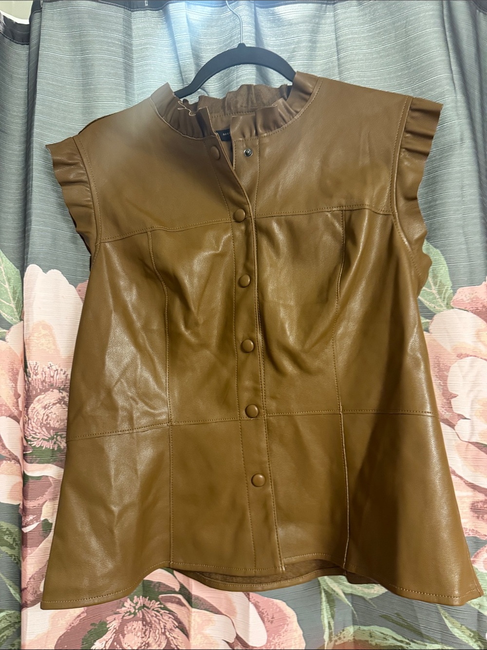 Marc Fisher Cognac Faux Leather Ruffle-Sleeve Snap-Front Vest